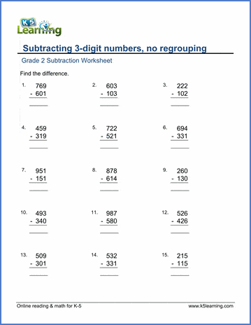 grade 2 math worksheets subtract 3 digit numbers no borrowing k5 learning