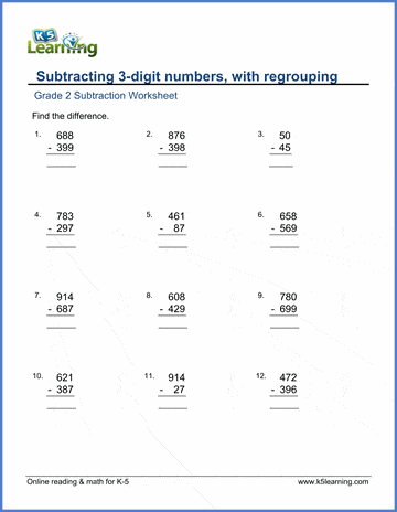 Grade 2 Math Worksheet - Subtract 3-Digit Numbers, With Borrowing | K5 Learning