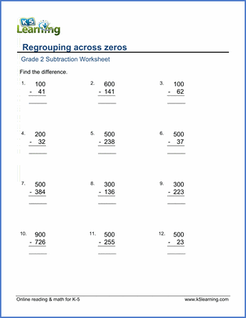 Grade 2 Math Worksheet Subtract From Whole Hundreds By Regrouping Across Zeros K5 Learning