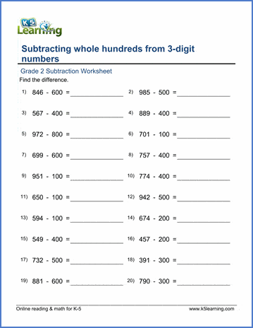 grade 2 worksheets subtracting whole hundreds from 3 digit numbers k5 learning