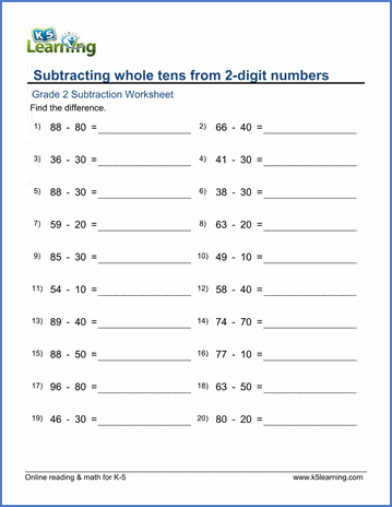 grade 2 math worksheet subtracting whole tens from 2 digit numbers