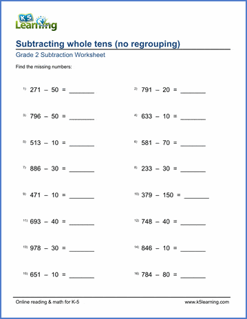 grade 2 math worksheet subtracting whole tens no regrouping k5 learning