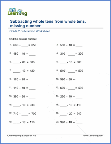 Worksheets: Subtracting whole tens from whole tens, missing number | K5