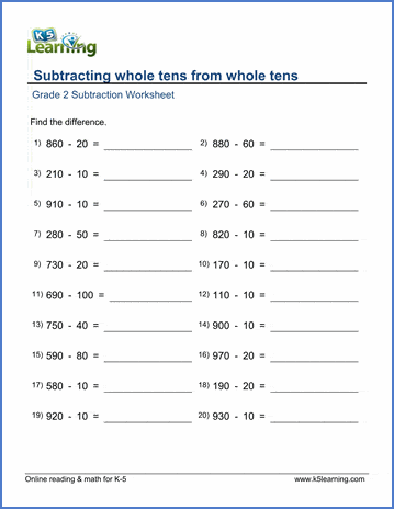 grade 2 math worksheet subtracting whole tens from whole tens k5