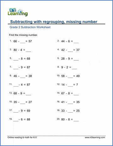 Grade 2 Worksheet Subtraction From A 2 Digit Number Missing Number K5 Learning