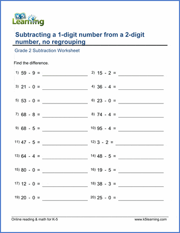 subtraction of a 1 digit number from a 2 digit number no borrowing k5 learning