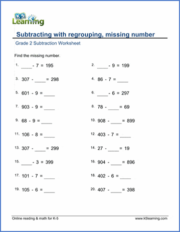 subtraction of a 1 digit number from a 3 digit number missing number k5 learning