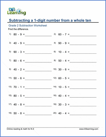 Grade 2 Subtraction Worksheet: Subtract 1-digit from a whole ten | K5 ...