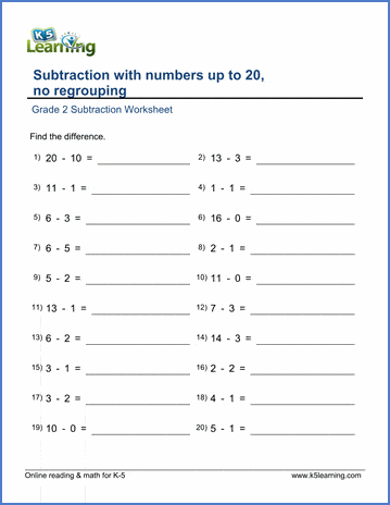 Grade 2 Math Worksheet: Subtract Numbers Up To 20: No Regrouping | K5 Learning