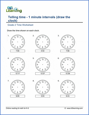 Grade 2 Telling Time Worksheets: 1 minute intervals (draw the clock