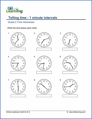 grade 2 math worksheet clock telling time 1 minute