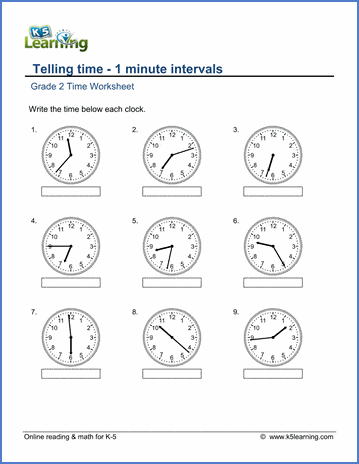 grade 2 math worksheet clock telling time 1 minute intervals k5 learning