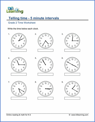 Grade 2 Telling Time Worksheets 5 Minute Intervals Read The Clock K5 Learning