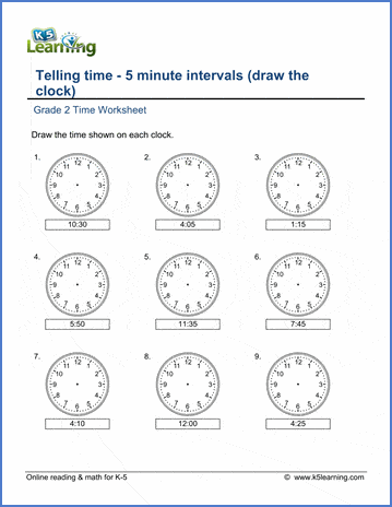 Grade 2 Telling Time Worksheets: 5 Minute Intervals (Draw The Clock) | K5 Learning