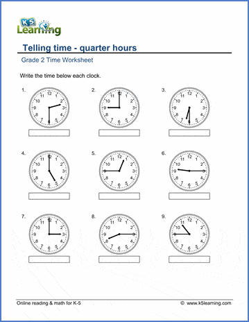 grade 2 telling time worksheets reading a clock quarter hours k5