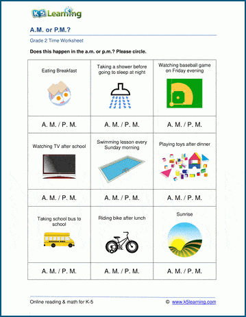 grade 2 time worksheet am and pm k5 learning