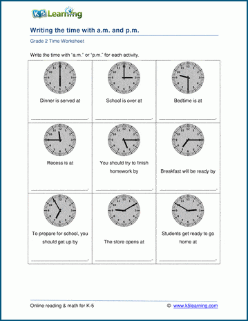 writing times with am pm worksheets k5 learning