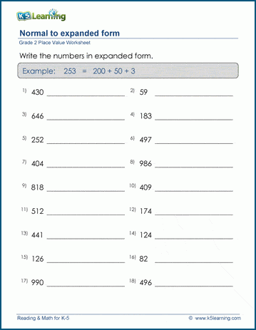 grade 2 place value worksheets write numbers in expanded form k5 learning
