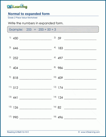 grade 2 place value worksheets write numbers in expanded form k5