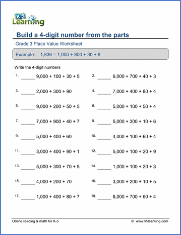 grade 3 place value worksheet build a 4 digit number from the parts