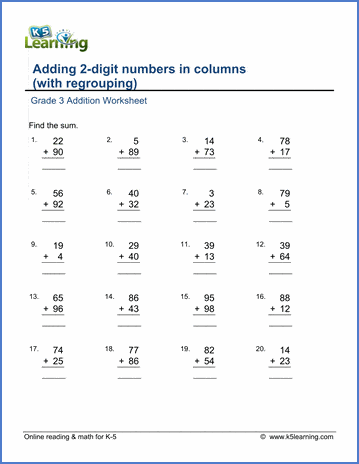 addition worksheets add 2 digit numbers in columns with regrouping k5 learning