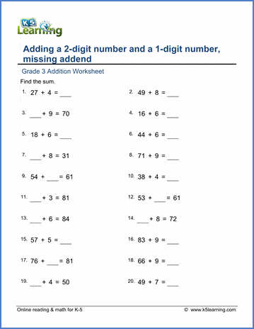 grade 3 math worksheets add 2 and 1 digit numbers missing addend k5 learning