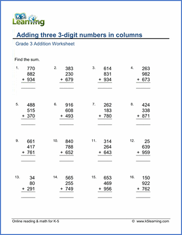 Grade 3 Addition worksheets: Adding three 3-digit numbers in columns