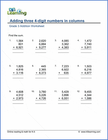 grade 3 addition worksheet adding three 4 digit numbers