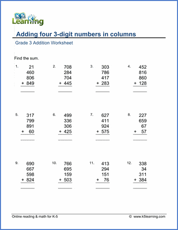 worksheets rounding math grade 4 free 3 Addition four  Worksheets 3 numbers adding digit Grade