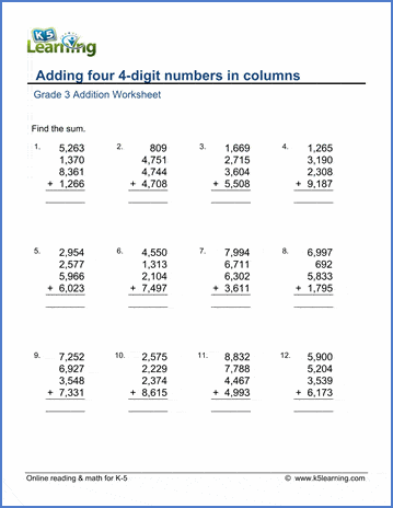 grade 3 addition worksheets adding four 4 digit numbers in columns k5 learning