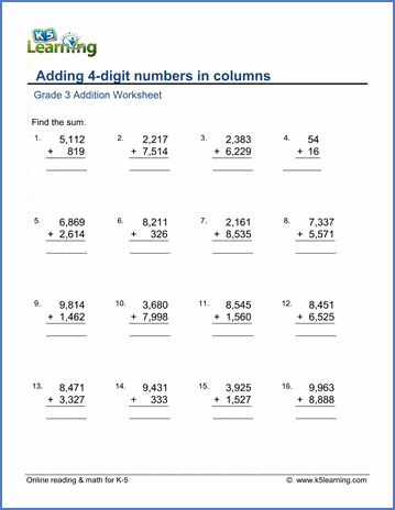 grade 3 math worksheet addition adding 4 digit numbers