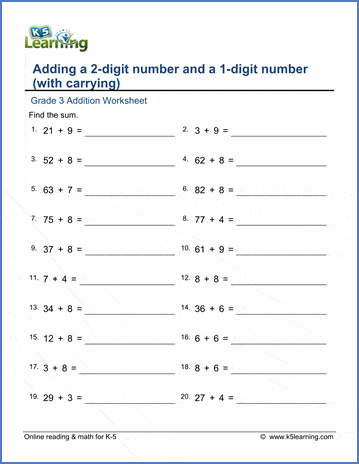 grade 3 addition worksheets add 2 and 1 digit numbers with carrying k5 learning