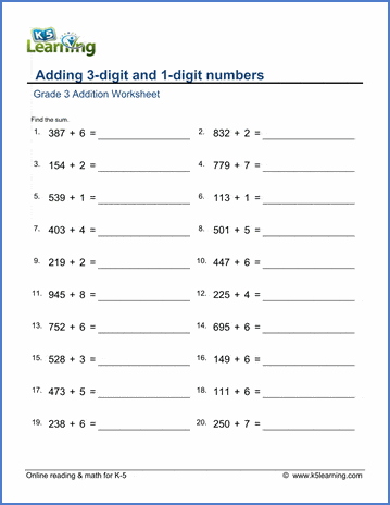 grade 3 math worksheet addition adding 3 digit and 1