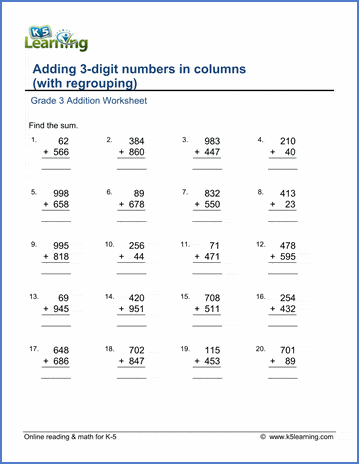 Grade 3 Math Worksheet - Addition: Adding 3-Digit Numbers In Columns (With Regrouping) | K5 Learning