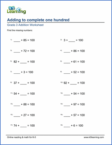 Grade 3 Addition Worksheet - Completing one hundred | K5 Learning