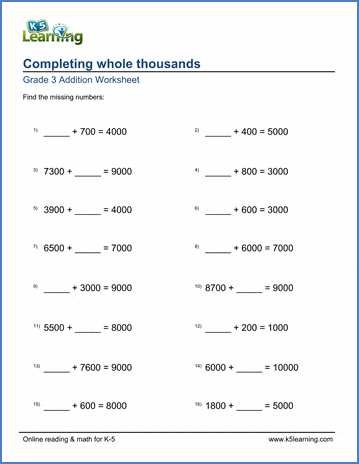 grade 3 addition worksheet completing whole thousands