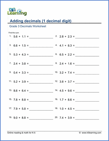 Grade 3 math worksheet: adding 1-digit decimals | K5 Learning