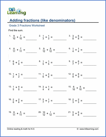 grade 3 math worksheet adding fractions with like denominators k5 learning