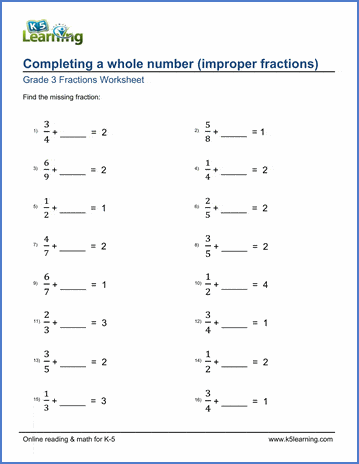 Grade 3 Worksheet: Add improper fractions to complete a whole number ...