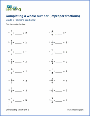 Grade 3 Worksheet: Add Improper Fractions To Complete A Whole Number | K5 Learning