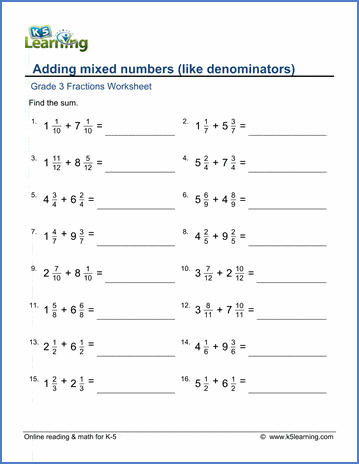 Grade 3 Fractions Worksheet: Add mixed numbers with like denominators