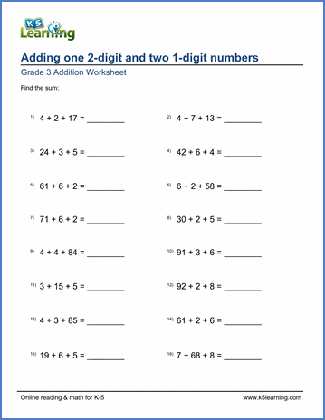 grade 3 math worksheet adding one 2 digit and two 1 digit