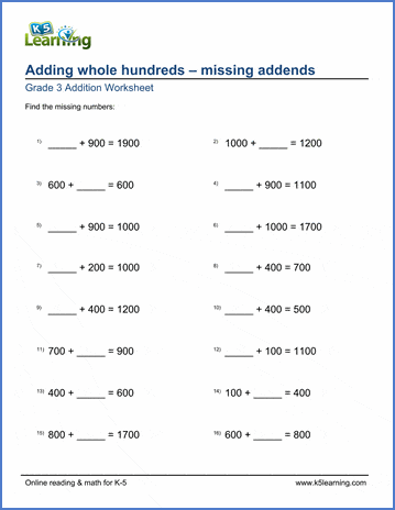 Grade 3 math worksheets: Adding whole hundreds - missing addend | K5