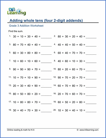 Grade 3 Addition Worksheet: Adding whole tens (four 2-digit numbers