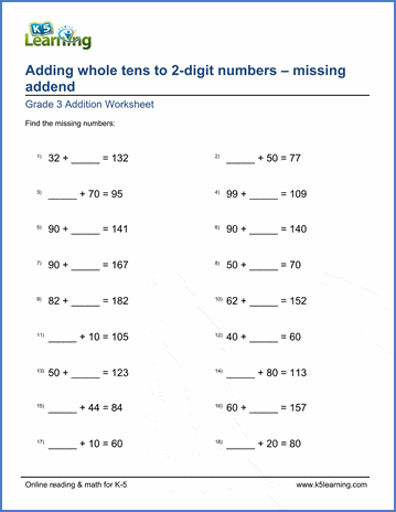 grade 3 math add whole tens to a 2 digit number missing addend k5