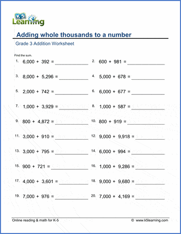 worksheets comparing numbers math 1 grade for of Worksheets Addition   3 whole thousands Grade Addition