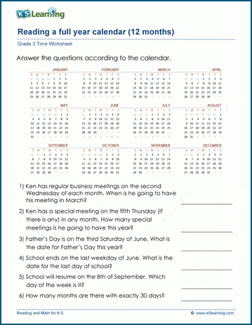 grade 3 calendar worksheet reading a full year calendar k5 learning