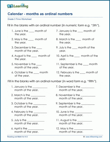 Months As Ordinal Numbers Worksheets K5 Learning