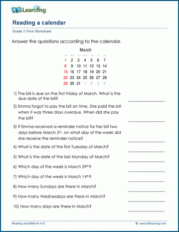 Grade 3 Calendar Worksheet Reading A Calendar K5 Learning