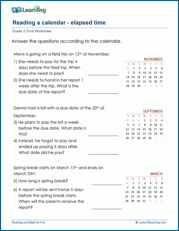 grade 3 calendar worksheet elapsed time on a calendar k5 learning